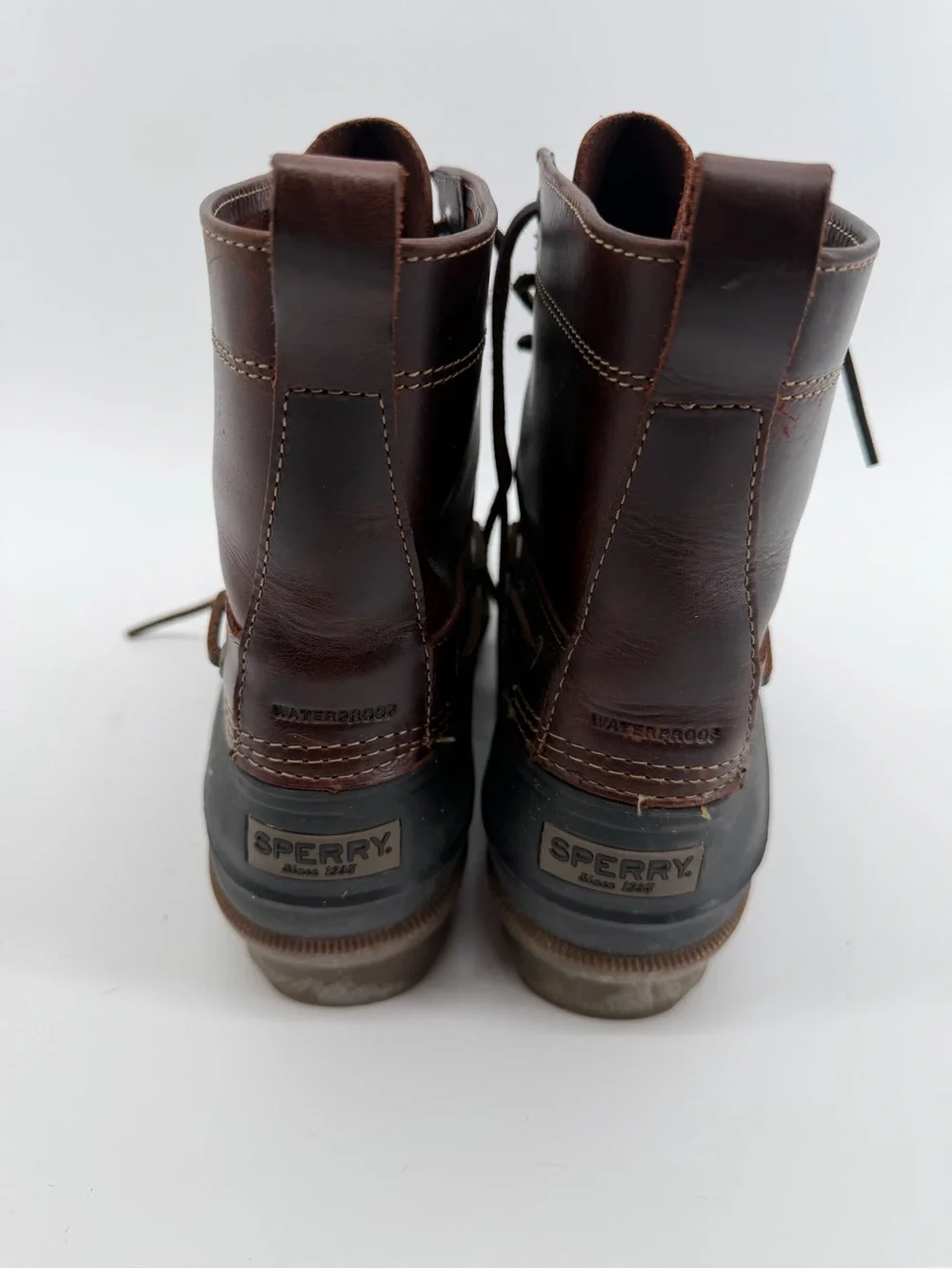 Sperry Brown Leather and Black Rubber Lace-Up Duck Boots